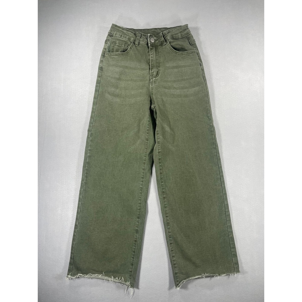 SHEIN Olive Green Wide Leg High Rise Raw Hem Stretch Denim - S